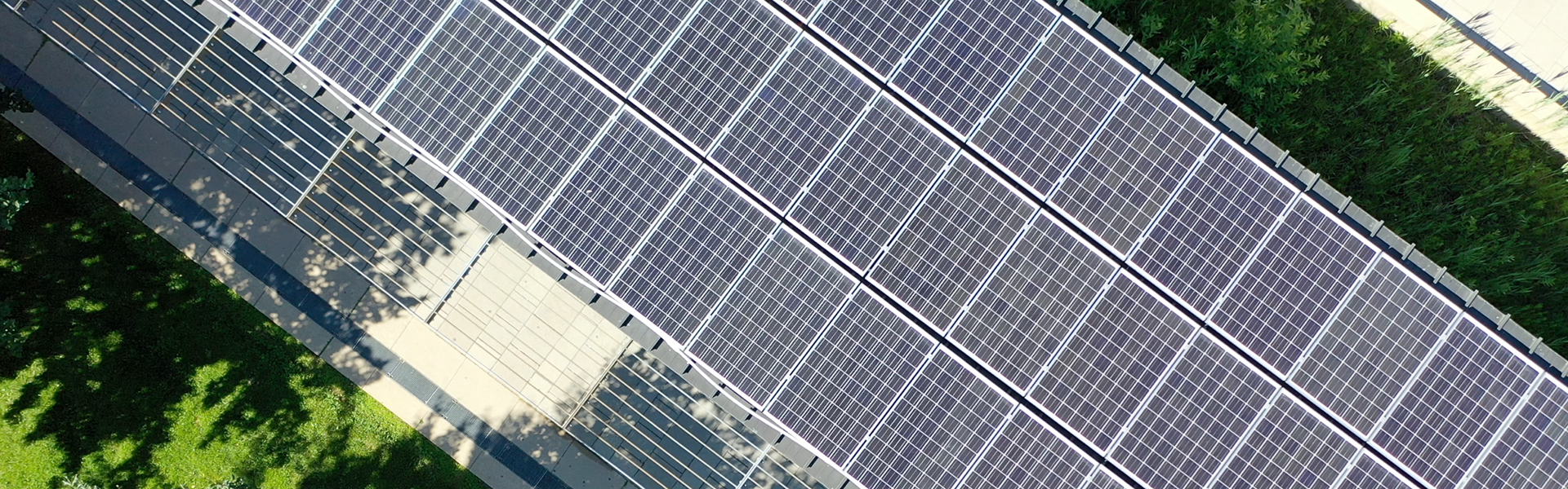 Aerial view of solar panels in Polonsky Commons