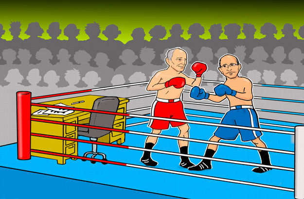 The thrust and parry of the sustainability debate is well-argued in the writings of two men, Vaclav Smil and Yuval Noah Harari. This image depicts the two authors in a boxing ring.